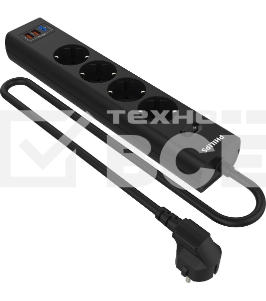 Сетевой фильтр Philips CHP4346BB/51, 3м, 4 розетки, черный