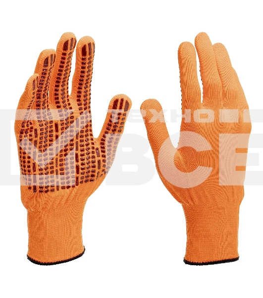 Перчатки Сибртех трикотажные, синтетическая нить, ПВХ-гель точка, оранжевый, L, 13 класс