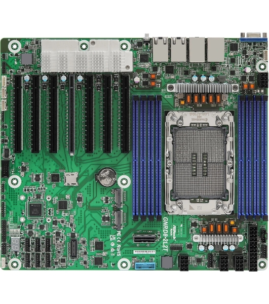 Серверная материнская плата ASRock GNRD8-2L2T, 1xE2 (LGA 4710), Intel Xeon 6700P/6500P/6700E-Series, 8xDDR5 RDIMM (до 6400 МГц), MCIO, 7xPCIe 5.0 x16, 2xM.2 22110 (PCIe), 2x1Gb LAN + 2x10Gb LAN, 2xUSB-A 5Gbps, 1xVGA, 1xRJ-45 для удалённого управления, Narrow ILM, SSI CEB
