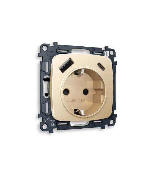 Комплект механизма электрической розетки OMEGA Шампань 2USB A+C 20W (быстрая зарядка) с/з QUANT (OP6100, VM160) MO610010