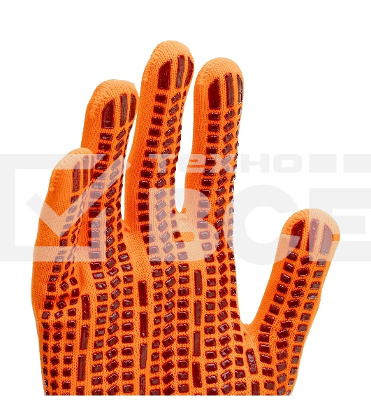 Перчатки Сибртех трикотажные, синтетическая нить, ПВХ-гель точка, оранжевый, L, 13 класс