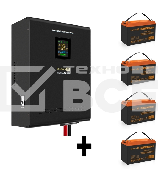 Комплект ИБП EX296005RUS + батарея 100Aч EX285656RUS 4шт (инвертор, синус, для котла, настенный) ExeGate FineSine SX-7000.LCD.AVR.2SH.T <7000VA/5000W, чистая синусоида, цветной LCD-дисплей, AVR, 2*Schuko+клеммы, линейно-интерактивный, крепление настенное,