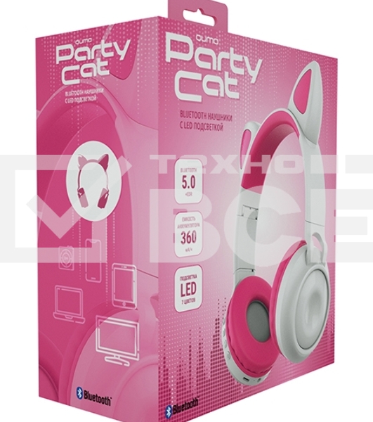 Гарнитура BT QUMO Party Cat ВТ 0025 (бело-розовая) c подсветкой, FM-радио, MicroSD, накладная, Bluetooth 5.0+EDR, 360 мА-ч, до 10 часов работы, пластик+экокожа.