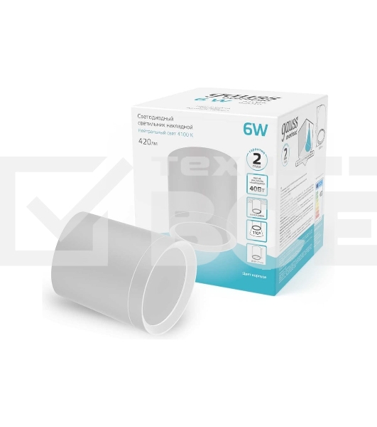Светильник Gauss Overhead накл цил 6W 420lm 4100K 170-240V IP20 68x75мм белый с расс LED