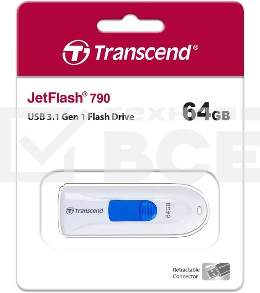Флешка USB Transcend JetFlash 790 (TS64GJF790W), 64Gb, USB 3.0, R/W 70/25, белый/синий