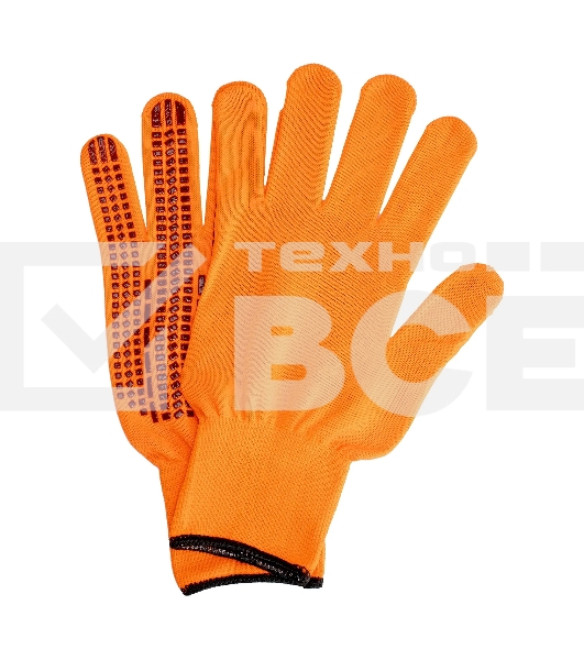 Перчатки Сибртех трикотажные, синтетическая нить, ПВХ-гель точка, оранжевый, L, 13 класс