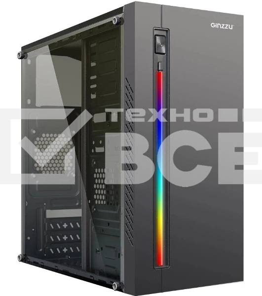 Компьютерный корпус MiniTower Ginzzu D370, RGb, Акриловое стекло, mATX, 2xUSB 2.0, черный, без БП, без вентиляторов