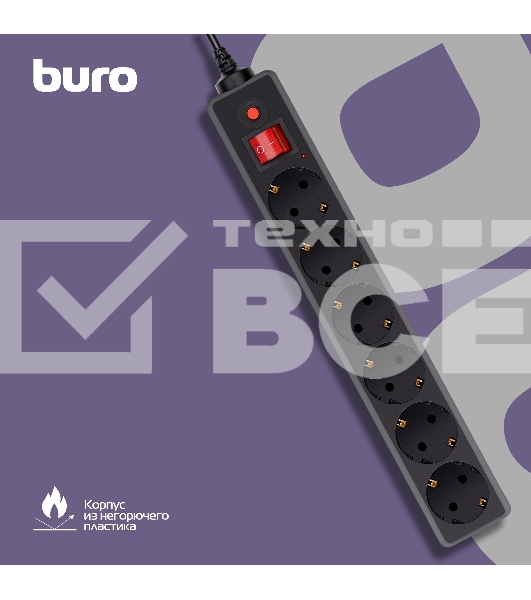 Сетевой фильтр Buro 600SH-16-3-B 3м (6 розеток) черный (коробка)
