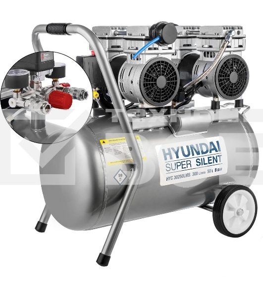 Компрессор поршневой Hyundai HYC 30250LMS безмасляный 300л/мин 50л 2000Вт серебристый/черный
