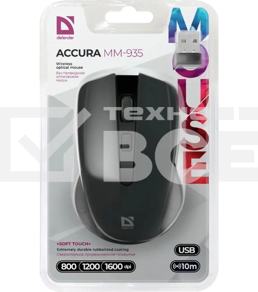 Мышь беспроводная Defender Accura MM-935 черный, 1600 dpi, радиоканал, USB, кнопки - 4