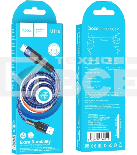 Кабель Hoco U110, USB Type-C (m) - USB (m), 1.2м, MFI, 3A, синий