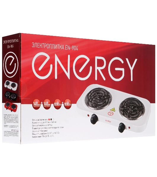 Плита настольная электрическая Energy EN-904R красный, 2 кВт, ТЭН, конфорки - 2, эмаль, поворотные переключатели