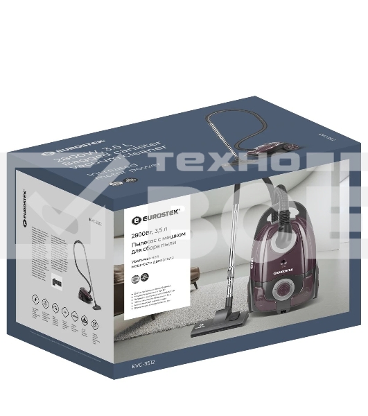 Пылесос Eurostek EVC-3512 фиолетовый, 500/2800 Вт, уборка сухая, пылесборник мешок, 3,5 л