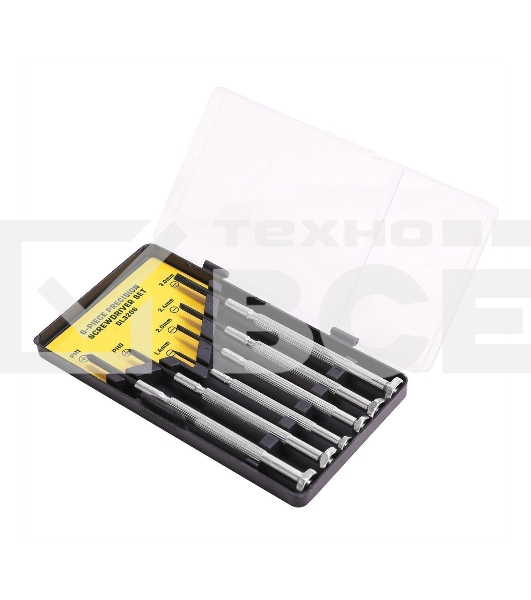 Набор прецизионных отвертокDeli DL3206 6 шт Набор прецизионных отверток из 6 предметов: 2 шт. Philips: PH1, PH04 шт. Шлиц: 1,4 мм, 2,0 мм, 2,4 мм, 3,0 мм. Cr-V. Черная отделка.