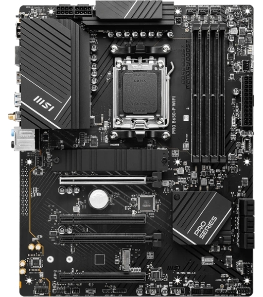 Материнская плата MSI PRO B650-P WIFI, AM5, AMD B650, 4xDDR5, 6xSATA, 2xM.2 (PCIe 4.0), 2xPCIe 4.0 x16, 2xPCIe 3.0 x16, 1xHDMI, 1xDP, 1x2.5Gb LAN, Wi-Fi, Bluetooth, 1xUSB-C 20Gbps, 3xUSB-A 10Gbps, 4xUSB-A 5Gbps, 3x3.5 мм, 7.1, чёрный, ATX