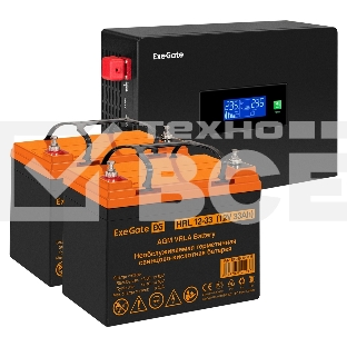 Комплект источника бесперебойного питания Exegate EX295994RUS + батарея 33Aч EX285664RUS 2шт (инвертор, синус, для котла, PF=1, настенный) ExeGate IdealSine SR-1500.LCD.2SH <1500VA/1500W, чистая синусоида, цветной LCD-дисплей, 2*Schuko, крепление настенное, Black> + батарея ExeGate HRL 12-33 (12В, 33Ач) 2шт