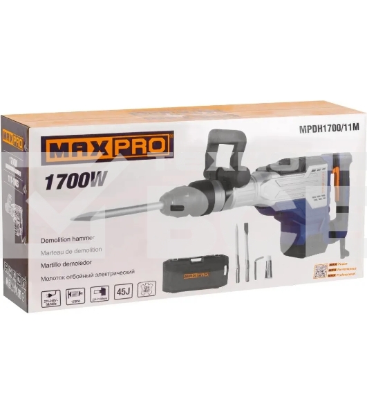 Молоток отбойный MAX-PRO MPDH1700/11M электрический 1700 Вт, 200-2100 уд/мин, 45 Дж, SDS-MAX, 11,5 кг, резиновый кабель, дополнительные щетки, кейс