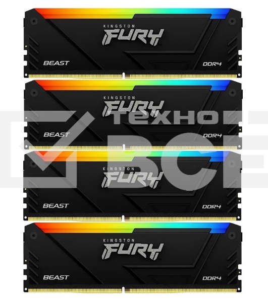 Оперативная память Kingston Fury Beast, DDR4, 32GB (4x8GB), 3600MHz, CL17, с радиаторами, RGB, черный