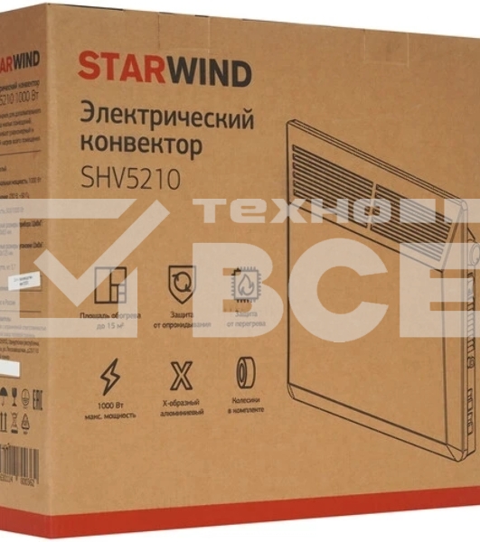Конвектор Starwind SHV5210, белый, 1000 Вт, 15 м2, термостат, 2 режима мощности