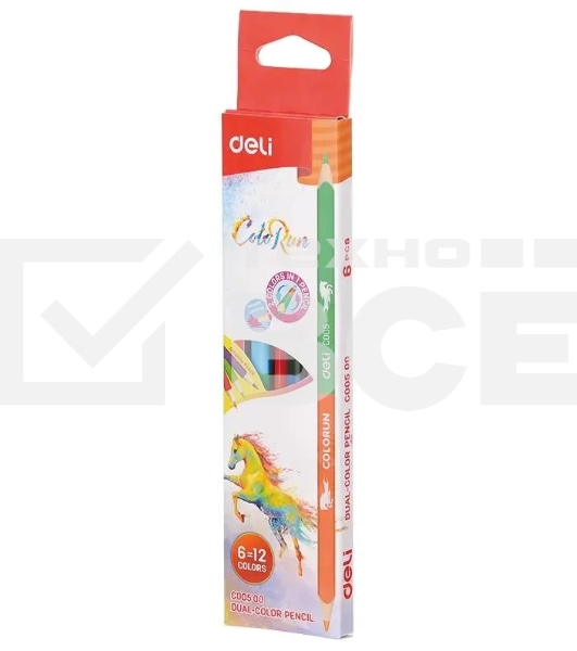 Карандаши цветные Deli EC00500 ColoRun, двухцветные, липа, 12 цветов, коробка с европодвесом (6шт)