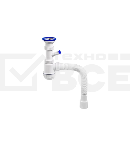 Сифон МИНИ ЭЛИТ для раковин 1'1/2 х 40/50 мм с нержавеющей чашкой 63 мм с отводом для стиральной или посудомоечной машины и c гофротрубой L800 мм