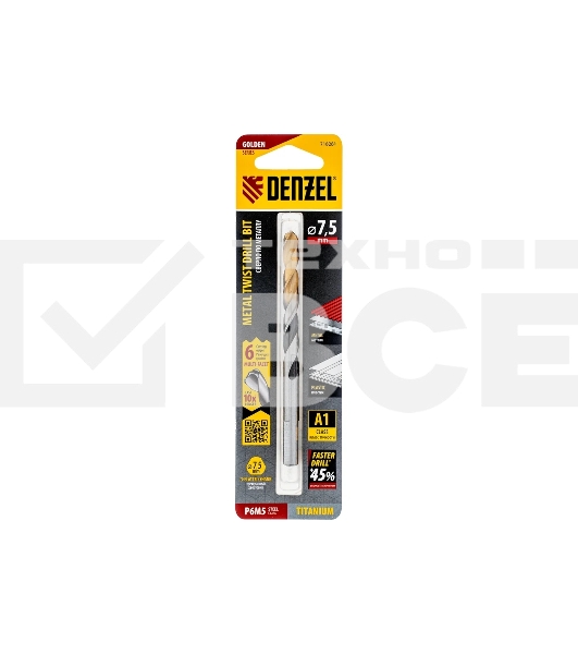 Сверло спиральное по металлу Denzel 7,5 x 109мм, Р6М5, Golden Tip, многогранная заточка
