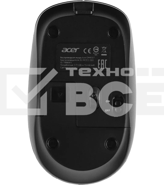 Мышь беспроводная Acer OMR307 черный, 1600 dpi, радиоканал, USB, кнопки - 4