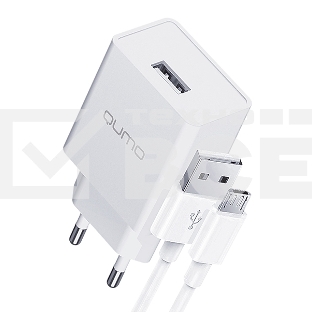 Сетевое зарядное устройство Qumo Energy light 10Вт, (модель 0103), порт: USB-A, + кабель PVC 1м. USB-A на MicroUSB, белый