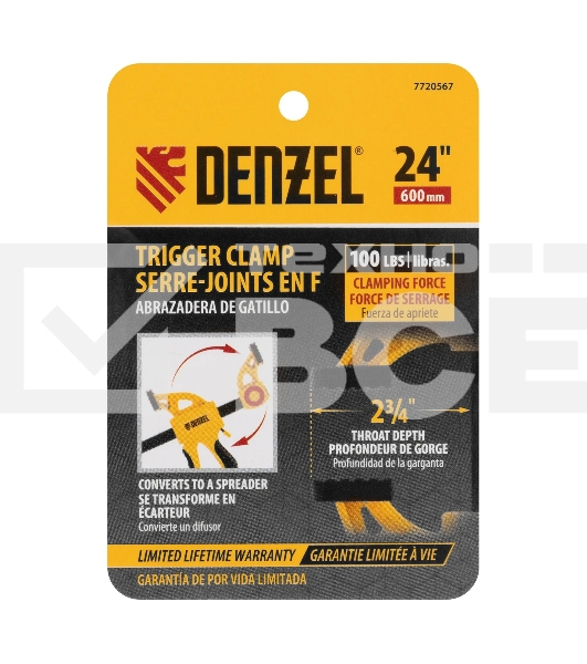 Струбцина Denzel F-образная, быстрозаж., 24'x2 3/4', 600х70мм, пласт.корпус,фиксатор,двухк. рук-ка