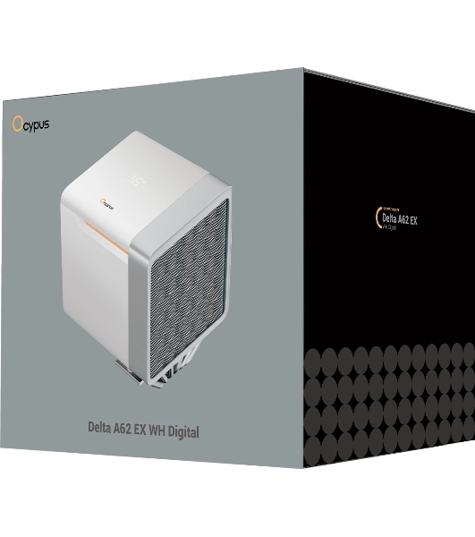 Кулер для процессора CPU Cooler Ocypus Delta A62 EX WH Digital (250W, 4-pin PWM, LED temp., 160mm, Al/Cu, 6x6mm, 2x120mm, 70CFM, 31dBA, 1800RPM, S: 1851/1700/1200/115X, AM5/AM4, white)