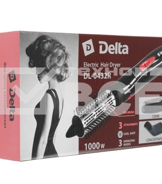 Фен-щётка DELTA DL-0432R черный/розовый, 1000 Вт