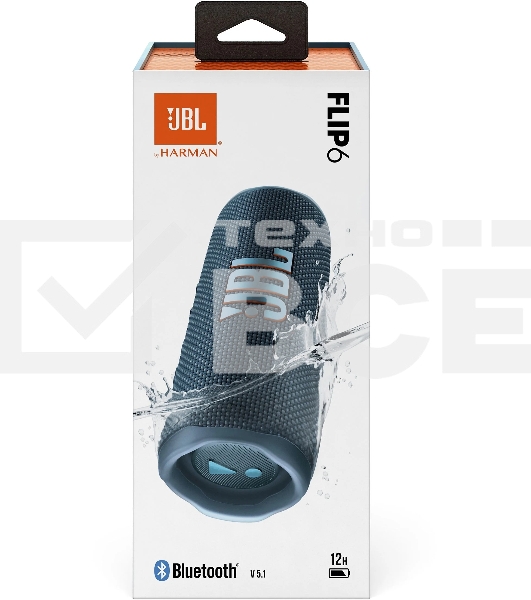 Портативная акустика JBL Flip 6 синий, Bluetooth 5.1, время воспроизведения 12 ч, емкость аккумулятора 4800 mAh, время заряда 2,5 ч, цвет синий