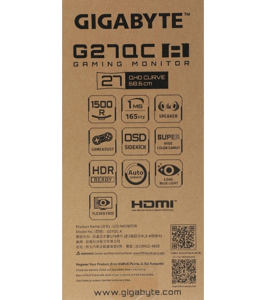 Монитор 27' Gigabyte G27QC A VA 2560x1440, 165 Гц, 1 мс, 16:9, 250 кд/м², HDMI 2.0 (x2), DP 1.2, 3.5 Jack, USB Hub (2x USB 3.0), динамики (2x2 Вт), FreeSync, изогнутый экран (1500R), черный