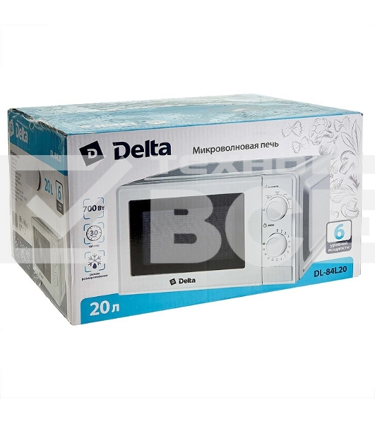 Микроволновая печь DELTA DL-84L20 белый, 20 л, 700 Вт, переключатели - поворотный механизм