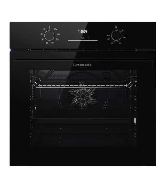 Духовой шкаф Kuppersberg HO 608 Black Glass, High-Tech, 78 л, поворотное управление, дисплей, таймер, 8 режимов, макс. температура 310 градусов, телескопические направляющие (на 1 уровень), цвет черный, цвет фурнитуры черный