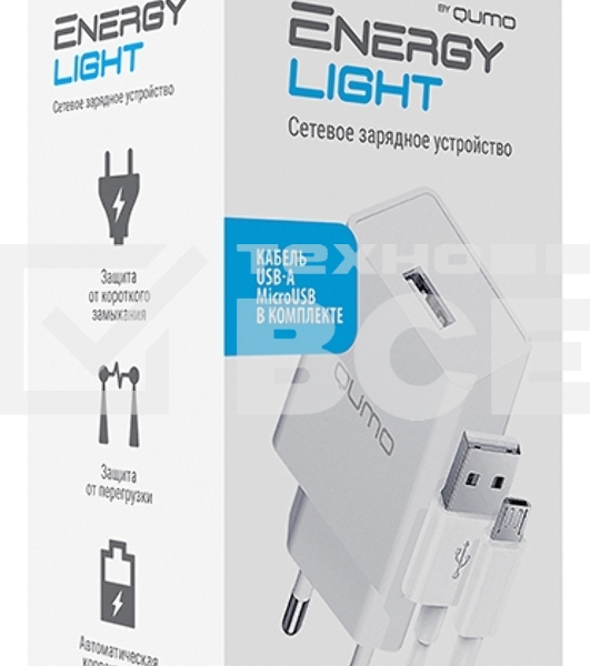 Сетевое зарядное устройство Qumo Energy light 10Вт, (модель 0103), порт: USB-A, + кабель PVC 1м. USB-A на MicroUSB, белый