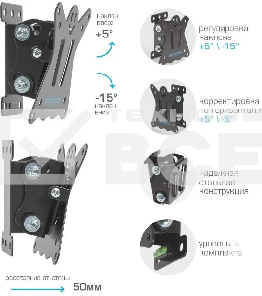 Кронштейн для телевизора Kromax CASPER-101 черный, 10'-32' макс. 25 кг, настенный, наклон
