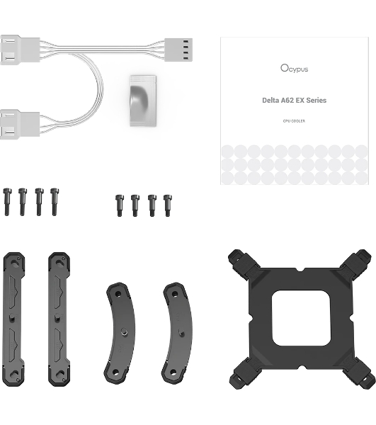 Кулер для процессора CPU Cooler Ocypus Delta A62 EX WH Digital (250W, 4-pin PWM, LED temp., 160mm, Al/Cu, 6x6mm, 2x120mm, 70CFM, 31dBA, 1800RPM, S: 1851/1700/1200/115X, AM5/AM4, white)