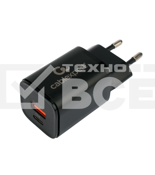 Зарядное устройство Cablexpert MP3A-PC-43, 30Вт, 3А, быстрая зарядка QC3.0/PD, 2 порта: USB и Type-C, черный, пакет