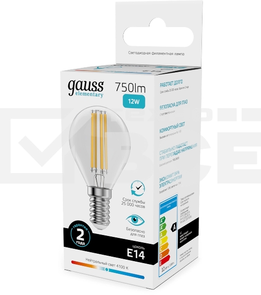 Лампа филам. Gauss Filament 12Вт цок.:E14 шар св.свеч.бел.нейт. (упак.:10шт) (52122)