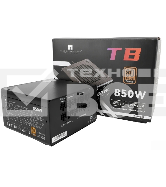 Блок питания Thermalright, 850W 80+ Bronze (ATX, 3.0, PCIe 5.0, Full modular, 1x24(20+4)pin, 2xCPU 8(4+4)pin, 4xPCIe*2 8(6+2)pin, 3xSATA3, 1x12+4pin (12VHPWR PCIe 5.0 12+4pin 600mm), 3xMOLEX4pin, Active, 120x120mm, 150x140x86mm, APFC, black)