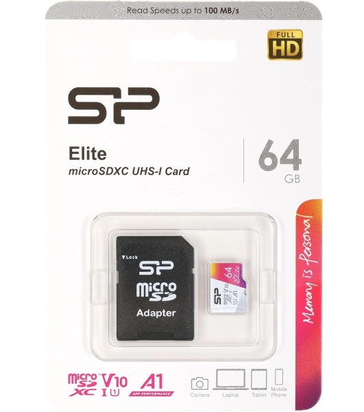 Флеш карта microSD 64Gb Silicon Power Elite A1 microSDXC Class 10 UHS-I U3 100 Mb/s (SD адаптер)