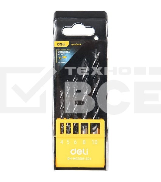 Набор сверл по дереву 5 шт (4/5/6/8/10 мм) Deli DH-MGZ005-ED1 сталь 45#, пласт.кейс