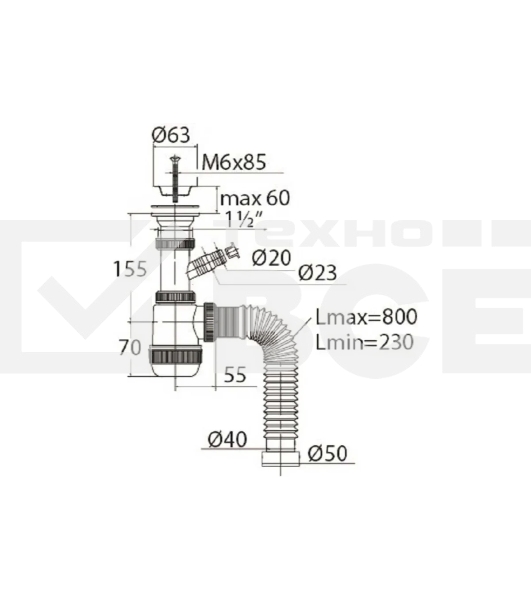 Сифон МИНИ ЭЛИТ для раковин 1'1/2 х 40/50 мм с нержавеющей чашкой 63 мм с отводом для стиральной или посудомоечной машины и c гофротрубой L800 мм