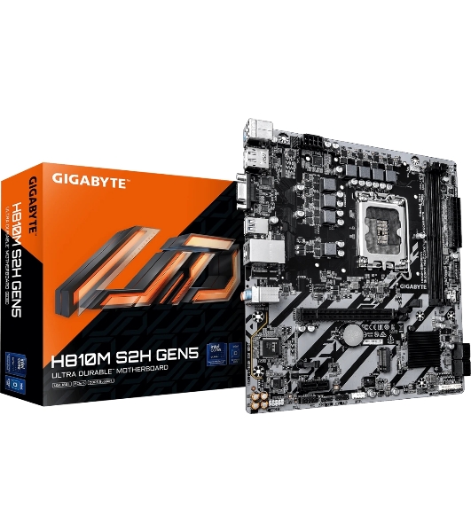 Материнская плата Gigabyte H810M S2H GEN5, LGA 1851, Intel H810, 2xDDR5, 4xSATA, 1xM.2, 1xPCIe 5.0 x16, 1xPCIe x1, 1xVGA, 1xHDMI, 1xDP, 1x1Gb LAN, 4xUSB-A 5Gbps, 2xUSB-A 2.0, 1xPS/2, 3x3.5 мм, 7.1, mATX