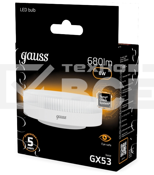 Лампа светодиодная Gauss 8Вт цок.:GX53 таблетка 220B св.свеч.бел.теп. Tablet (упак.:10шт) (108008108)