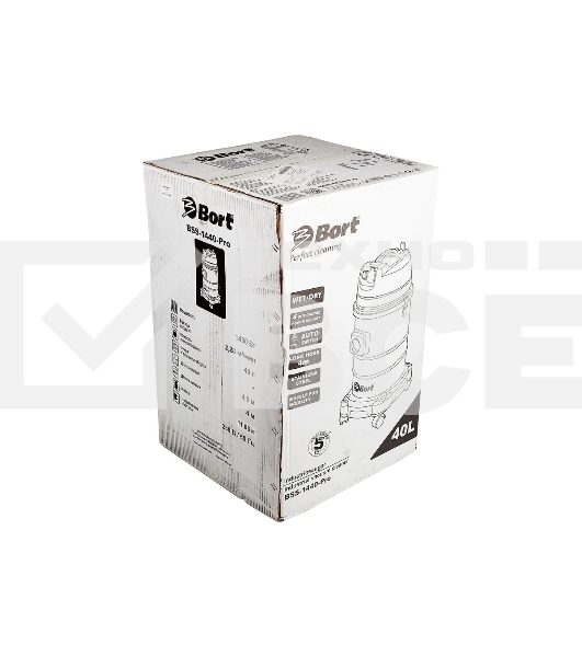 Строительный пылесос Bort BSS-1440-Pro (98297089) серый/голубой, 280/1400 Вт, уборка сухая/влажная, пылесборник мешок/контейнер, 40 л