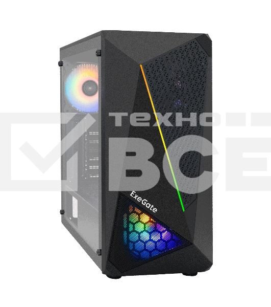 Компьютерный корпус Miditower ExeGate EVO-8225-NPX600 (ATX, БП 600NPX с вент. 12см, 2хUSB+1хUSB 3.0, черный, 2 вент. с RGb подсветкой и полоса на передней панели, боковая панель - закаленное стекло)