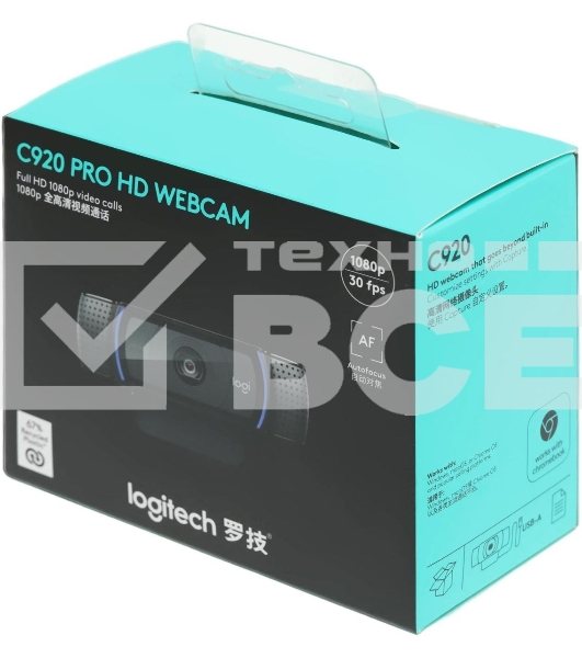 Веб-камера Logitech C920 HD Pro Webcam (Full HD 1080p/30fps, автофокус, угол обзора 78°, стереомикрофон, кабель 1.5м) (арт. 960-000998, M/N: VU0062)