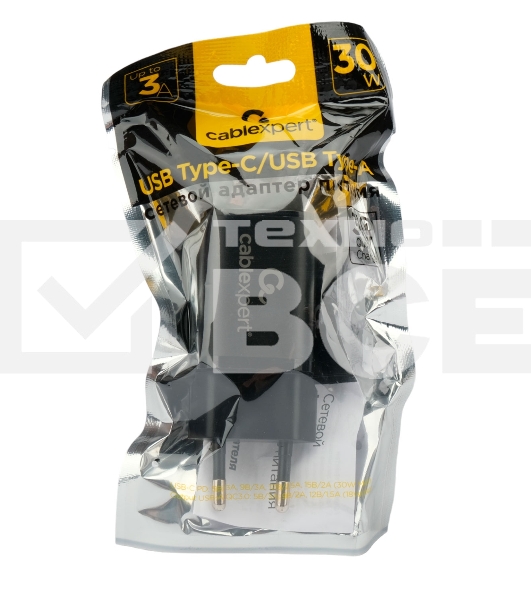 Зарядное устройство Cablexpert MP3A-PC-43, 30Вт, 3А, быстрая зарядка QC3.0/PD, 2 порта: USB и Type-C, черный, пакет